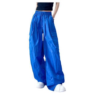 速干工装裤女夏季薄款蓝色宽松胖mm防晒bf慵懒风冰丝运动阔腿裤子