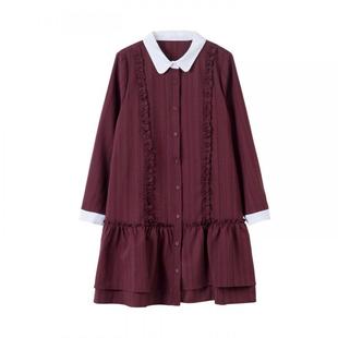 宝诗黎翻领拼接条纹衬衫裙2026春季韩系气质减龄休闲长袖连衣裙