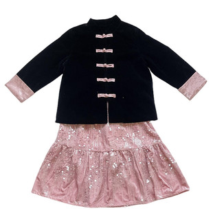 TOTObaby女童冬装新款新中式中国风黑色复古丝绒盘扣上衣棉服外套