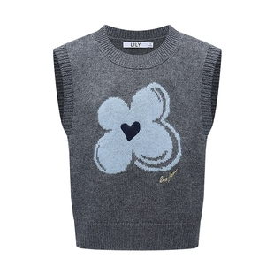 LILY2026春新款女装羊毛混纺格雷系幸运花嵌花灰色针织衫背心马甲