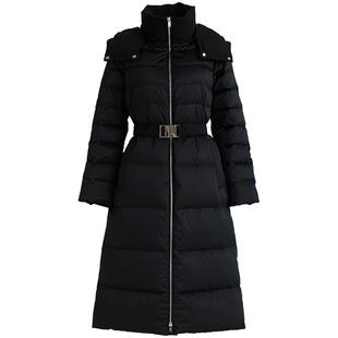 鹅绒】OBEG欧碧倩黑色长款收腰羽绒服女连帽过膝外套冬季10464102