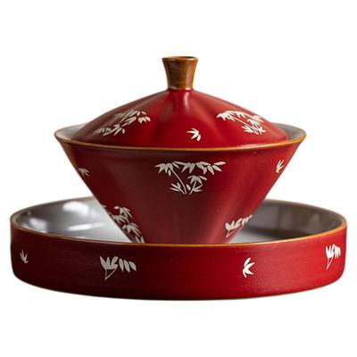 高档红色汝瓷敬茶盖碗小梨壶