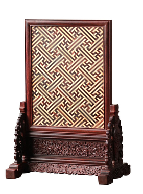 贡匠小叶紫檀嵌黄杨木锦地纹插屏