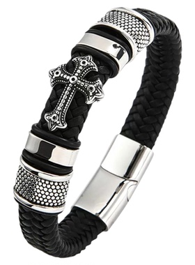 欧美新款个性复古多层皮革手链时尚潮流男士磁扣纪念礼品首饰手环