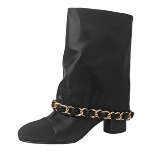 5cm真皮法式绝美小香风链条拼接短筒裤管靴高跟高级感洋气小短靴