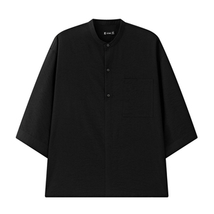 半墨大码男装新中式七分袖衬衫男士春季宽松老钱风半开襟立领衬衣