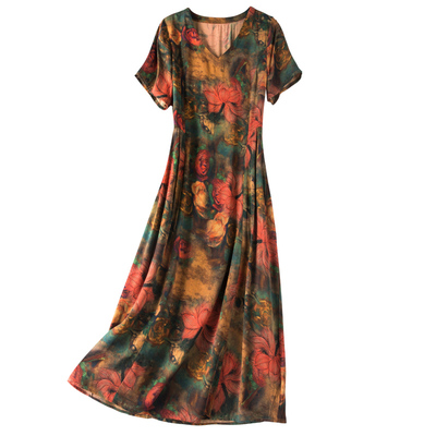 新款高端气质妈妈印花棉绸连衣裙