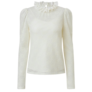 【奥莱】MAXRIENY羊毛混纺衬衫款蕾丝钉珠花边长袖上衣女