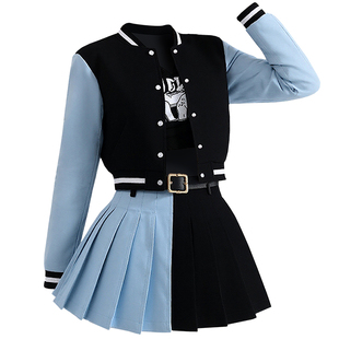 茬客【蓝色多瑙河】休闲通勤套装裙2025秋新款拼接撞色外套百褶裙