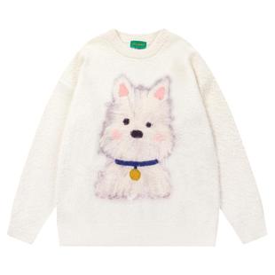 From Mars 毛绒小狗 潮牌小众小狗印花圆领个性百搭宽松针织毛衣