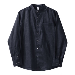 LUUD 100%纯亚麻薄款透气中山领长袖衬衫男春夏复古老钱立领衬衣