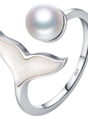 雅影施家珍珠鱼尾S925纯银戒指女