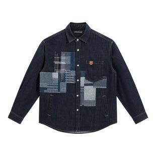 太平鸟男装 潮流潮牌刺绣拼接长袖牛仔衬衫秋季青年翻领外套