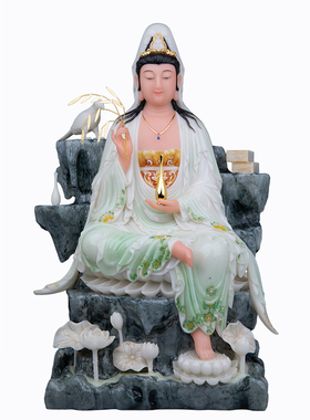 汉白玉九品莲观音菩萨佛像摆件