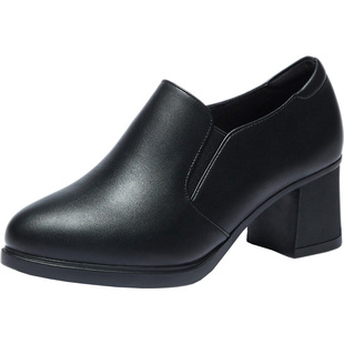 秋冬粗跟单鞋软底工作鞋女皮鞋5.5 圆头公务员面试黑色职业高跟鞋