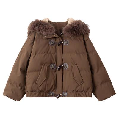 KEIKO可卸大毛领短款牛角扣棉服