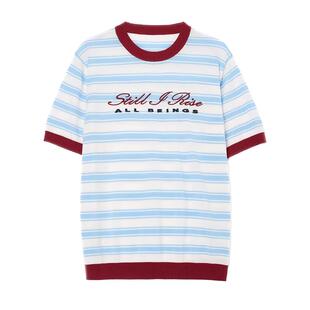 ALL BEINGS25SS复古蓝红条纹刺绣圆领针织短袖T恤衫女夏季薄款