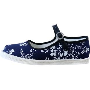 老北京千层底布鞋女一字扣带时尚青花色舒适布底休闲散步女鞋夏天