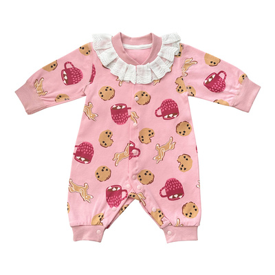 新生婴儿秋冬季花边圆领连体哈衣