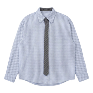 Hualun自带领带设计感衬衫男长袖高级感格子衬衣韩版宽松休闲上衣