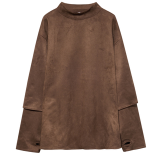 高品质 日系复古咖色仿麂皮绒半高领秋冬山风长袖t恤卫衣男内搭