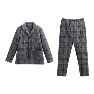 秋鹿三层夹棉加厚睡衣男士秋冬季空气棉加绒开衫保暖抗静电家居服