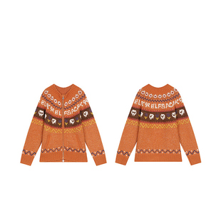 妖精的口袋费尔岛小羊提花新年毛衣女2025秋冬新款复古橘色厚外套