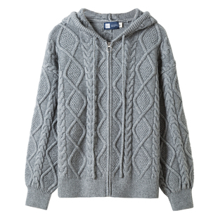 九六致原创设计秋冬加厚扭花拉链针织衫宽松慵懒连帽开衫毛衣男潮