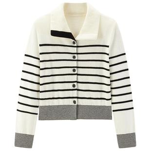 太平鸟 翻领撞色条纹针织衫25年女士通勤内搭羊毛混纺开衫外套