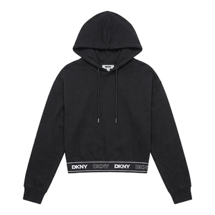 【100%棉】DKNY唐可娜儿26春季新款连帽卫衣女印花黑色短款上衣潮