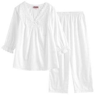 美标夏季纯棉睡衣女春秋薄款贡缎全棉质性感公主风蕾丝家居服套装