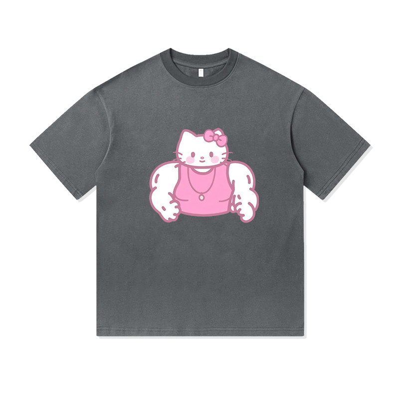 粉色肌肉猫咪健美可爱设计百搭小众重磅纯棉T恤半袖杉情侣男女款