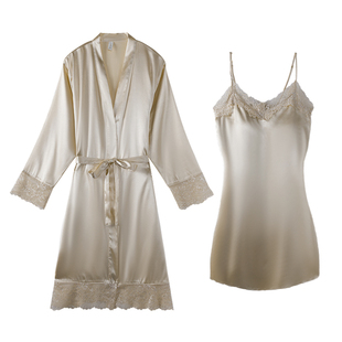 真丝睡衣女春秋长袖带胸垫吊带夏季薄款冰丝绸性感两件套睡裙睡袍