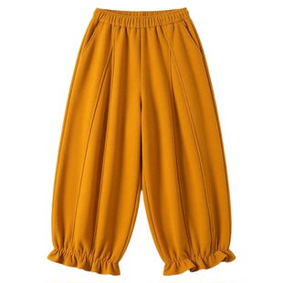 桔色木耳边花苞毛呢阔腿裤女冬季新款加绒加厚休闲减龄百搭灯笼裤