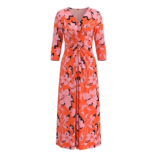 马天奴2026春夏新款红色印花V领收腰修身连衣裙子长裙法式气质女