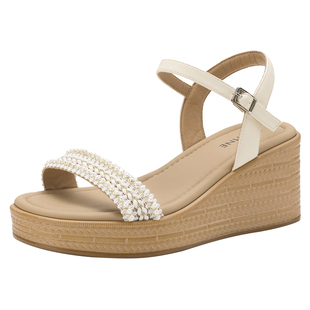 达芙妮增高跟厚底一字带凉鞋2026新款夏季坡跟外穿沙滩女款女鞋子