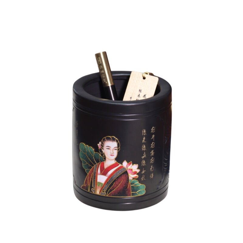 济南非遗龙山黑陶景泰蓝笔筒三件