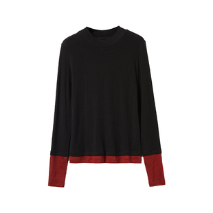 糖皮出品 叠穿法宝 天丝羊绒 假两件撞色 冬季半高领长袖打底TEE