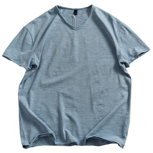 V领纯色水洗竹节纱水洗棉短袖T恤男欧美做旧基础款纯色半袖打底T