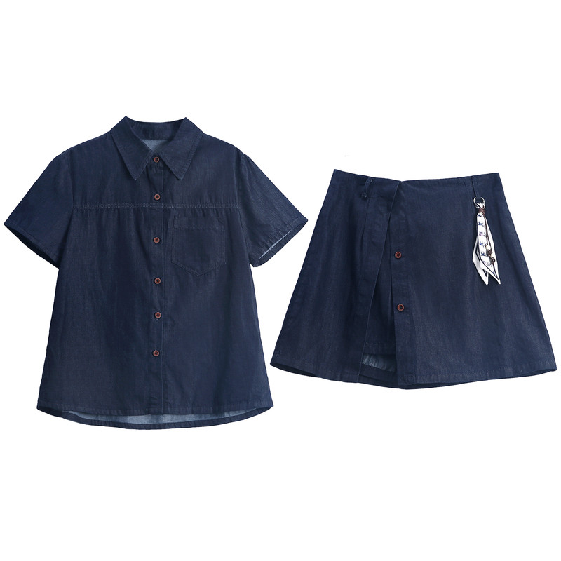 仿牛仔短袖衬衫阔腿短裤裙两件套