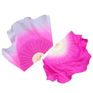 真丝扇玫红渐变色演出扇加长广场舞扇子双面胶州秧歌扇古典舞蹈扇