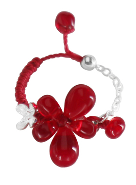 原创纯银可调红色花朵戒指女