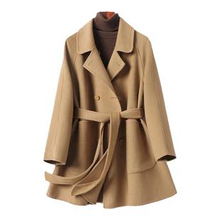 双面羊毛大衣女中长款系带双排扣减龄2025秋冬新款毛呢外套小个子