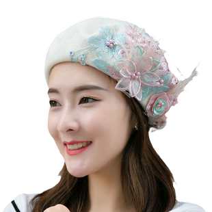 帽子女贝雷帽秋冬刺绣花钉珠羽毛羊毛呢日系甜美粉白色蓓蕾画家帽