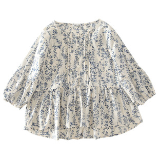 甜美小清新树叶印花风琴褶纯棉七分袖衬衫女日系显瘦薄款娃娃衫夏