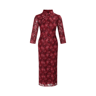 黛玛诗红色国风新中式旗袍裙春季新款婚宴礼服蕾丝连衣裙女短袖