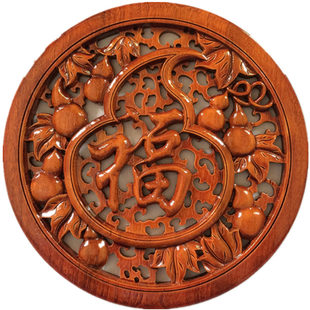 新中式东阳木雕香樟实木精品客厅圆形挂件房间卧室装饰品摆件底坐