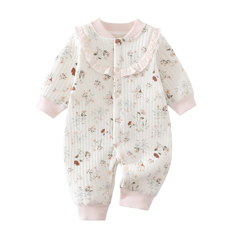 秋季女宝宝夹棉保暖连体衣春秋冬款a类纯棉新生婴幼儿衣服外出服