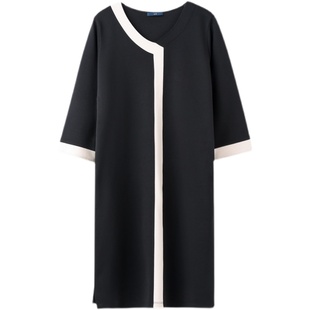 无谓撞色连衣裙女2025秋季新款女装宽松显瘦气质大码百搭直筒裙子