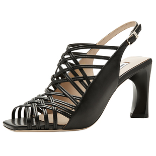 Nine West/玖熙罗马绑带凉鞋女黑色镂空编织粗跟露趾一字带高跟鞋